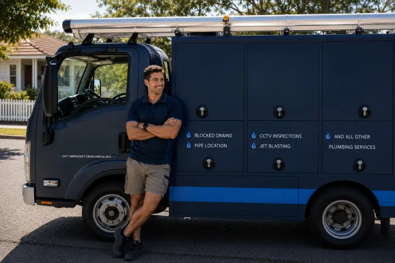 Our plumber with the service van on a Surry Hills job