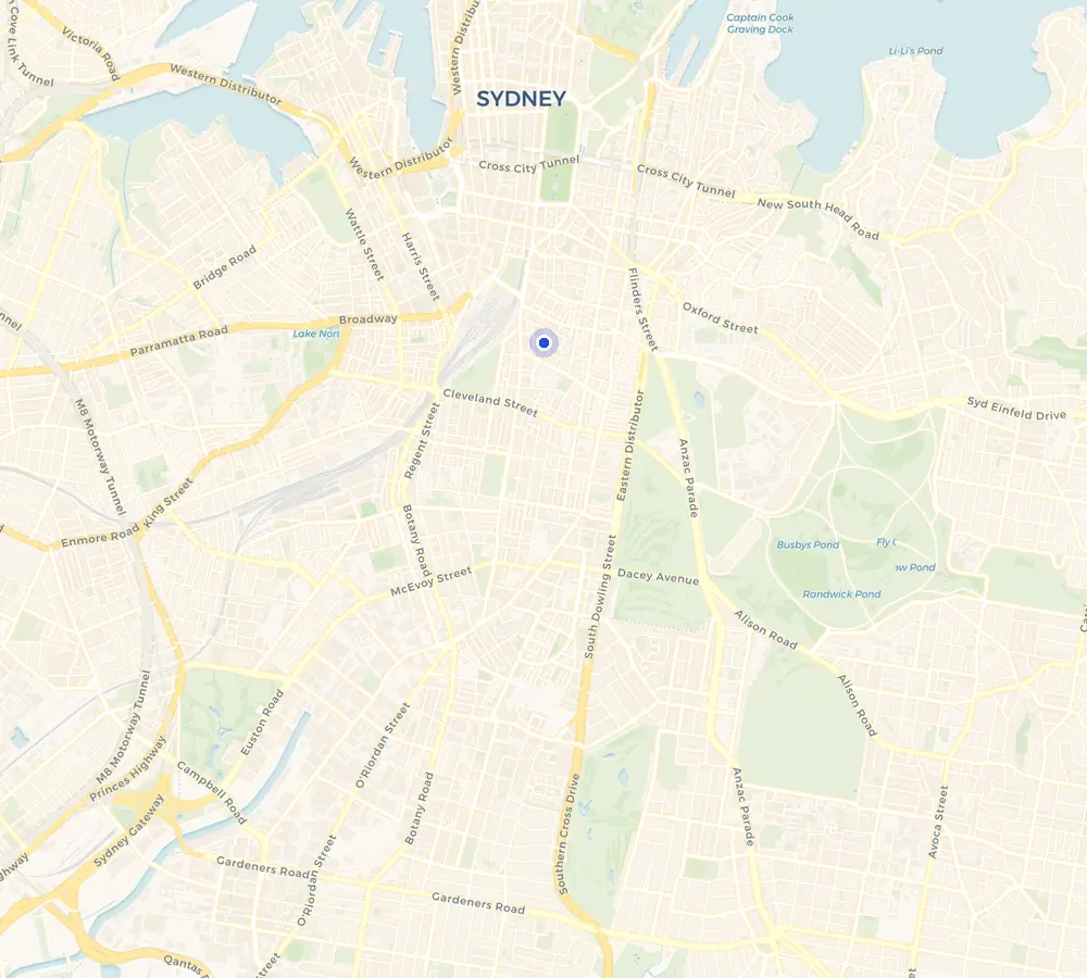 Map of the Surry Hills service area and the surrounding inner city, showing Surry Hills and the nearby streets we cover.