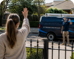 Customer waving goodbye to a Surry Hills Blocked Drains plumber